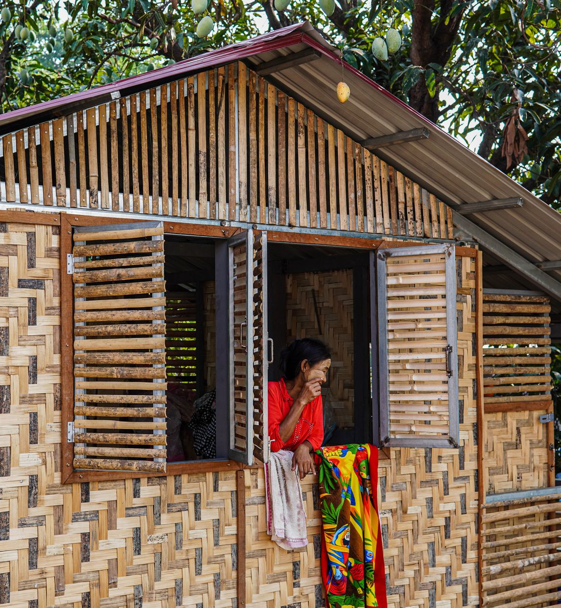A woman leans out of the shuttered window of a woven bamboo mid-term shelter, with a brightly patterned cloth hanging over the sill